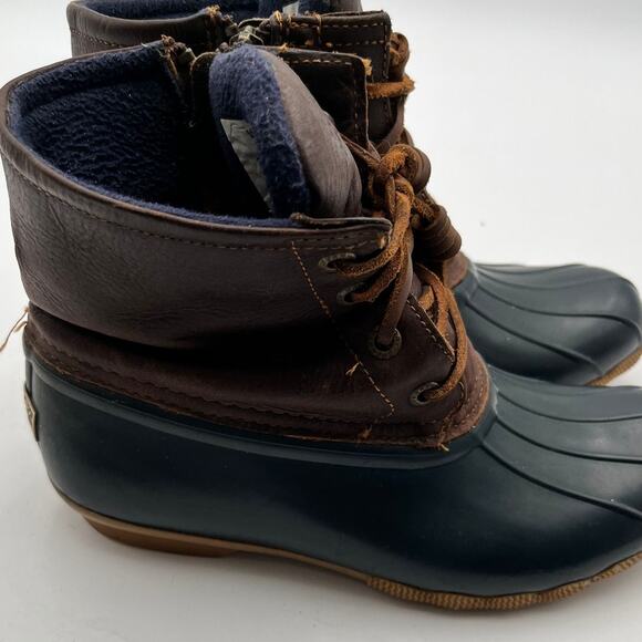 Sperry Saltwater Duck Boots Womens Size 7 Brown Leather Navy Rubber STS91175 - Picture 13 of 14